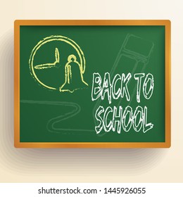 School education background with hand drawn clock and bell on green chalkboard isolated vector illustration