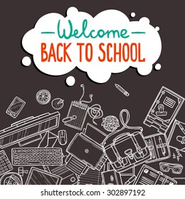 School And Education Background With Hand Drawn School Accessories On Blackboard