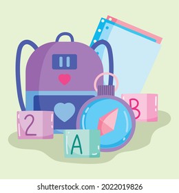 school education bag blocks and paper