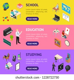 School Education Banner Horizontal Set Concept 3d Isometric View Scene with Children and Teachers in Classrooms. Vector illustration