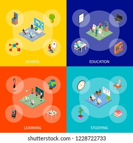 School Education Banner Set Concept 3d Isometric View Scene with Children and Teachers in Classrooms. Vector illustration