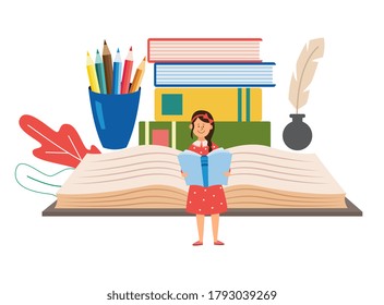 School education banner with tiny school girl cartoon character among books stacks, flat vector illustration isolated on white background. Back to school concept.