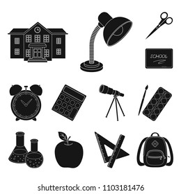 School and education black icons in set collection for design.College, equipment and accessories vector symbol stock web illustration.