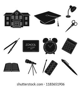 School and education black icons in set collection for design.College, equipment and accessories vector symbol stock web illustration.