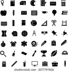 School and education black and white flat vector icon collection set