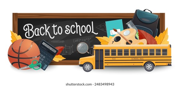 Pizarra de educación escolar con bus amarillo. Anuncio de Vector con pizarra, escritura de tiza de vuelta a la escuela, papelería de aprendizaje de dibujos animados, libros, hojas de arce y baloncesto, pinturas, tubo de prueba, lupa