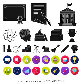 School and education black,flat icons in set collection for design.College, equipment and accessories vector symbol stock web illustration.
