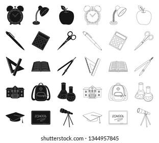 School and education black,outline icons in set collection for design.College, equipment and accessories vector symbol stock web illustration.