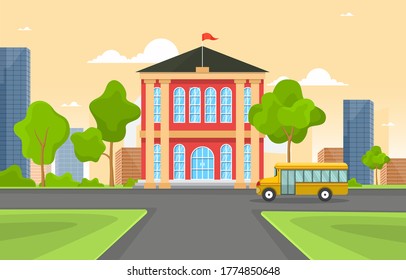 School Education Building Bus Outdoor Landscape Cartoon Illustration 
