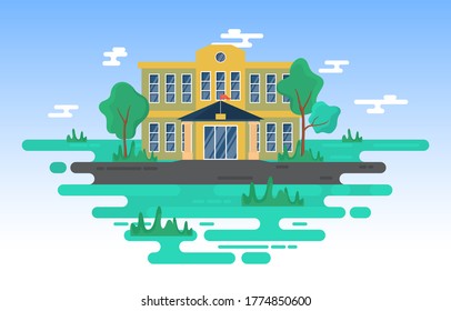 School Education Building Park Outdoor Landscape Cartoon Illustration