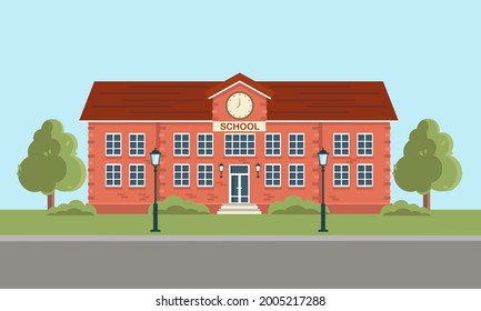 School and education. A building for urban construction. A set of elements for creating urban background, rural and urban landscape. Vector illustration in flat style.