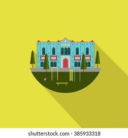 School and education. Buildings for city construction. Set of elements to create urban background, village and town landscape. Flat style illustration.