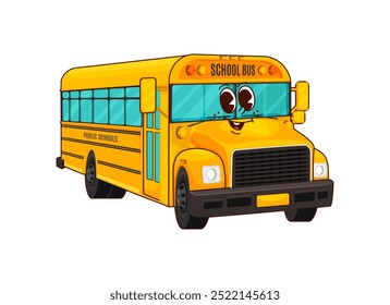 School education bus groovy character. Isolated cartoon vector cheerful yellow schoolbus with happy face and playful expression. Fun and friendly vehicle represents kids transportation and activities