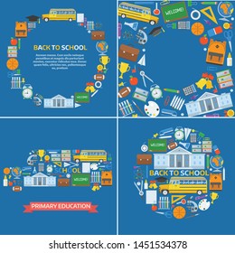 School and education cards with back to school icons and elements. Studying and learning concepts, print templates and leaflets with stationery equipment and study appliances in flat design.