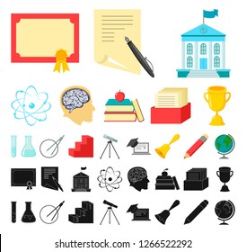 School and education cartoon, black icons in set collection for design.College, equipment and accessories vector symbol stock web illustration.