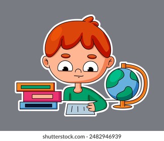 School education. Cartoon child studying. Student reading book. Clever boy. Geography globe. Teenagers portrait. Little clever schoolboy doing homework. Kid in class. Library textbooks. Vector concept