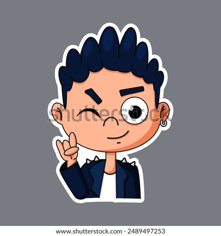 School education. Cartoon child studying. Clever boy. Teenagers portrait. College student. Rocker gesture. Smiling kids. Young person in class. Primary learner. Smart schoolboy. Vector classmate face