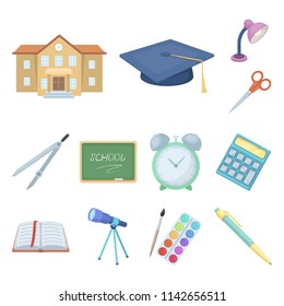 School and education cartoon icons in set collection for design.College, equipment and accessories vector symbol stock web illustration.