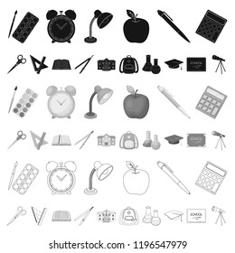 School and education cartoon icons in set collection for design.College, equipment and accessories vector symbol stock web illustration.