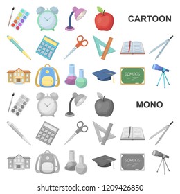 School and education cartoon icons in set collection for design.College, equipment and accessories vector symbol stock web illustration.