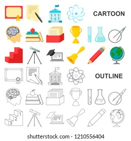 School and education cartoon icons in set collection for design.College, equipment and accessories vector symbol stock web illustration.