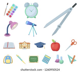 School and education cartoon icons in set collection for design.College, equipment and accessories vector symbol stock web illustration.