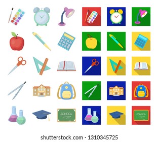 School and education cartoon,flat icons in set collection for design.College, equipment and accessories vector symbol stock web illustration.