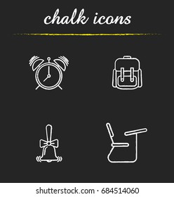 School and education chalk icons set. Student's backpack, alarm clock, ringing school bell, desk. Isolated vector chalkboard illustrations