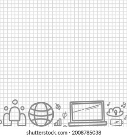School education. Checkered grid. Hand drawn stationery. Freehand elements. Education concept. Black and white illustration