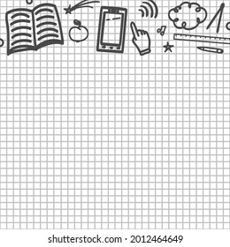 Educación escolar. Cuadrícula de verificación. Papel dibujado a mano. Elementos a mano alzada. Concepto de educación. Ilustración en blanco y negro