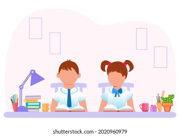 School and education. Children are sitting at a desk with a textbook. Back to school for textbooks and theoretical, practical assignments.