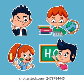 School education. Children study. Kids faces. Student reading book. Pupil at class blackboard. Clever boy. Happy girl. Chemistry lesson. Teenagers portrait. Smiling schoolchild. Vector stickers set