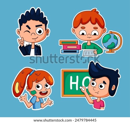 School education. Children study. Kids faces. Student reading book. Pupil at class blackboard. Clever boy. Happy girl. Chemistry lesson. Teenagers portrait. Smiling schoolchild. Vector stickers set