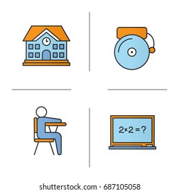 School and education color icons set. School building, bell, pupil sitting in classroom, blackboard. Isolated vector illustrations