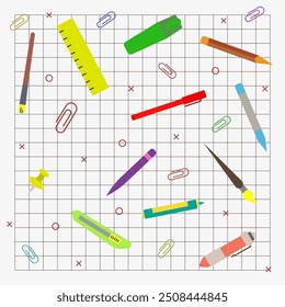 Educação escolar. Fundo de escola colorido em uma folha quadriculada. Coleção de ícones de escola de linha fina. EPS 10.