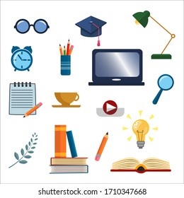 School (education)  colored icons set with - notebook, cup, pensil,  books, cap, science bulb, glasses.