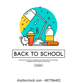 School and Education Colored Icons set over white background. Outline vector lined illustration. Back to school flat style vector illustration isolated on white background.Basic school elements.