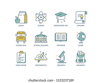 School, education colored line icons with science, graduation hat, lunch, diploma, textbook, globe, grade, backpack. 