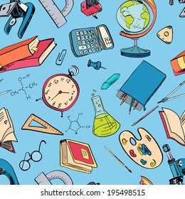 School education colored seamless pattern with paint palette alarm clock globe vector illustration