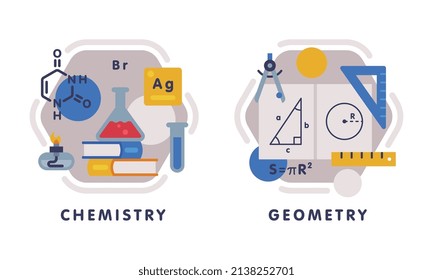 School Education Composition with Text Caption and Educational Objects Vector Set