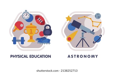 School Education Composition with Text Caption and Educational Objects Vector Set