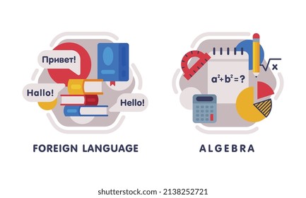 School Education Composition with Text Caption and Educational Objects Vector Set