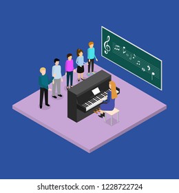 School Education Concept 3d Isometric View Scene with Children and Teacher in Music Classroom. Vector illustration