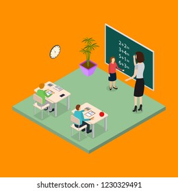 School Education Concept 3d Isometric View Scene with Children and Teacher in Classroom. Vector illustration