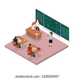 School Education Concept 3d Isometric View Scene with Children and Teacher in Mathematic Classroom. Vector illustration