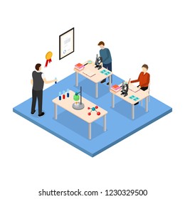 School Education Concept 3d Isometric View Scene with Children and Teacher in Chemistry Classroom. Vector illustration