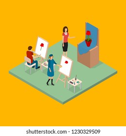 School Education Concept 3d Isometric View Scene with Children and Teacher in Art Classroom. Vector illustration