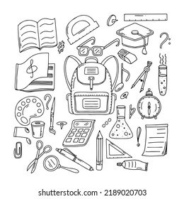 School, education concept. Back to school elements in hand drawn doodle style. Vector illustration.