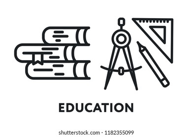 School Education Concept. Books, Compass, Ruler and Pencil. Minimal Flat Line Outline Stroke Icon.