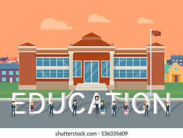 School education concept. Classic school building with happy pupil and teacher on school yard flat vector illustration. Children learning favorite subjects